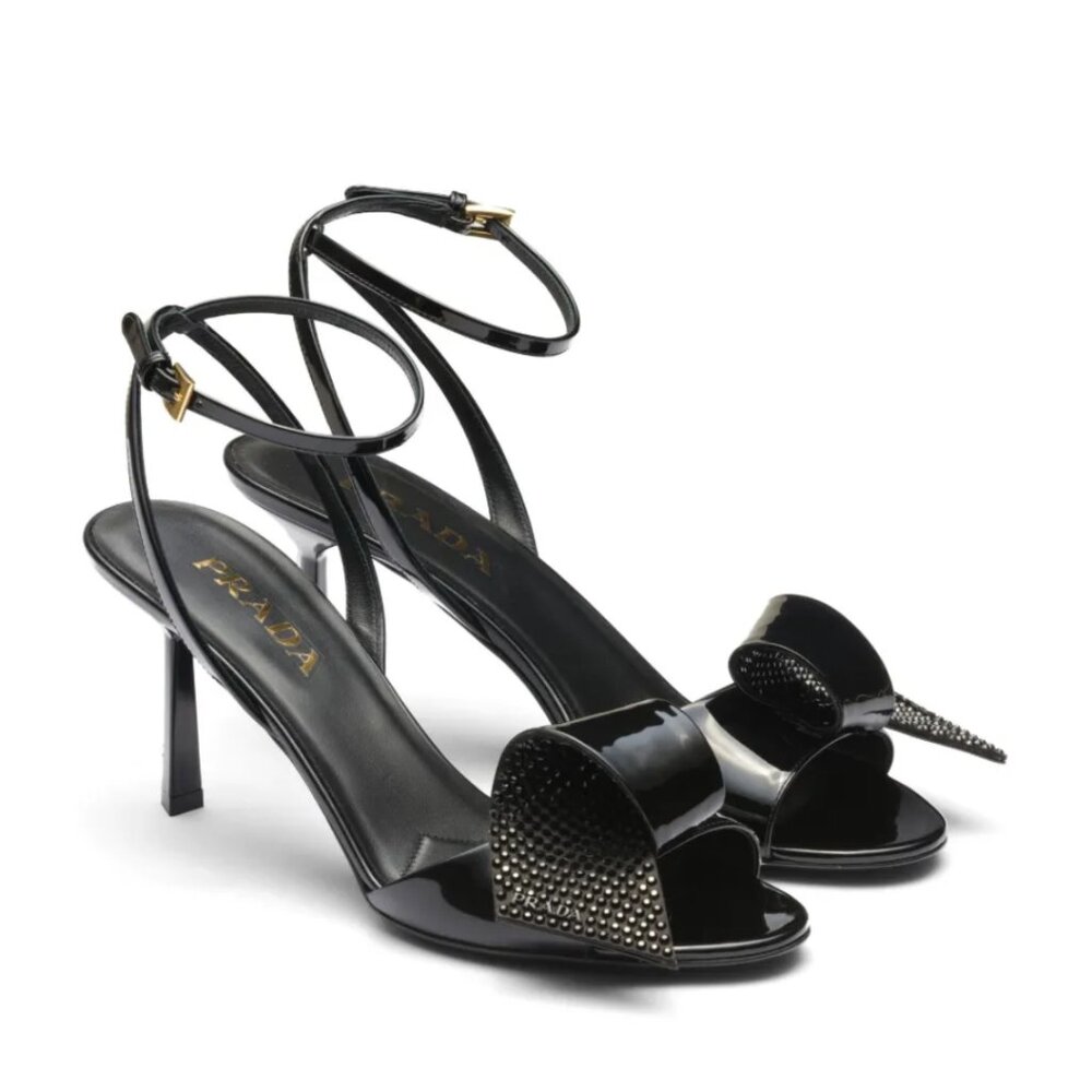 NWT Prada 75mm Sandals Black Rhinestone Embellished Sculpted Vamps High Heels